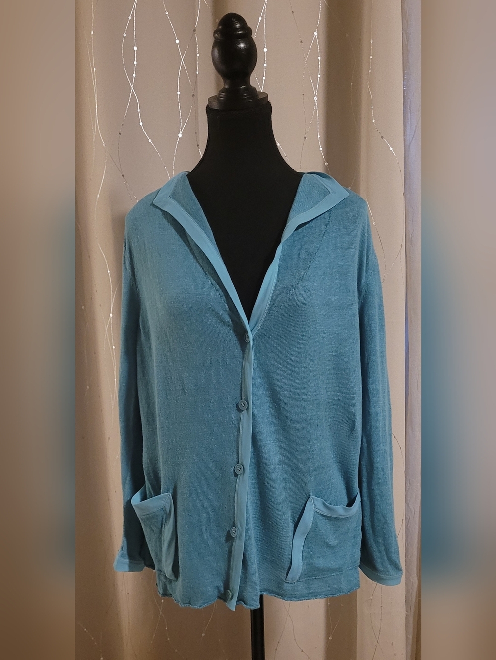 ​Lafayette 148 New York Aqua Blue 100% Linen Button Front Cardigan Size L
